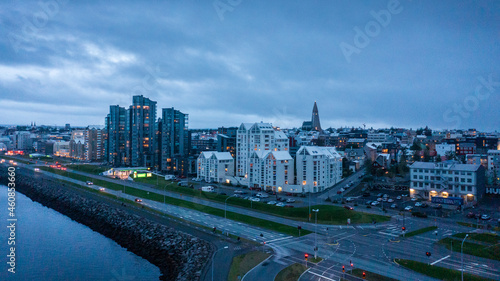 The coastal city of Reykjavik at dusk. photo