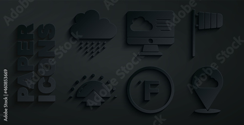 Set Fahrenheit, Cone windsock wind vane, Sunrise, Location cloud, Weather forecast and Cloud with rain icon. Vector