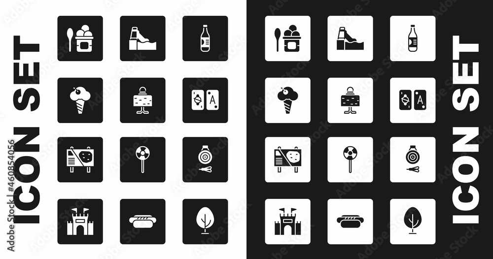 Set Bottle of water, Magic ball on table, Ice cream in waffle cone, bowl, Tarot cards, Water slide, Classic dart board and arrow and Amusement park billboard icon. Vector Set Bottle of water, Magic ball on table, Ice cream in waffle cone, bowl, Tarot cards, Water slide, Classic dart board and arrow and Amusement park billboard icon. Vector