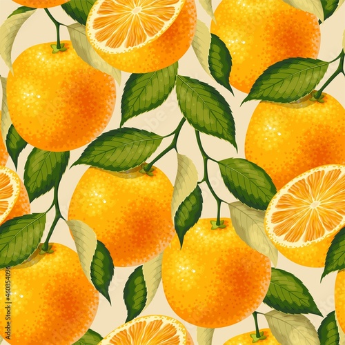 Vector seamless pattern with orange fruit and leaf