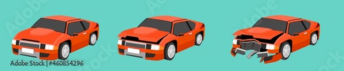 Cartoon vector or illustration. Status of the orange car from normal car To the car was slightly damaged. until the car was severely damaged Damage the entire front.