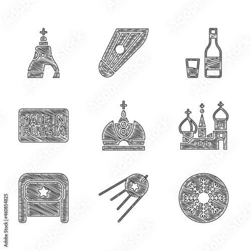 Set King crown, Satellite, Snowflake, Saint Basil's Cathedral, Ushanka, Made Russia, Bottle of vodka with glass and The Tsar bell icon. Vector