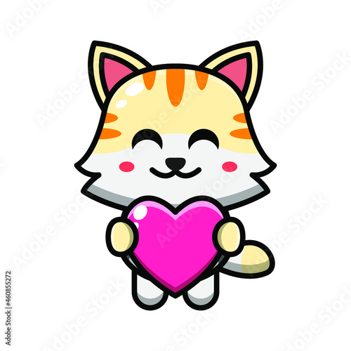 cute cat holding love heart icon illustration vector graphic