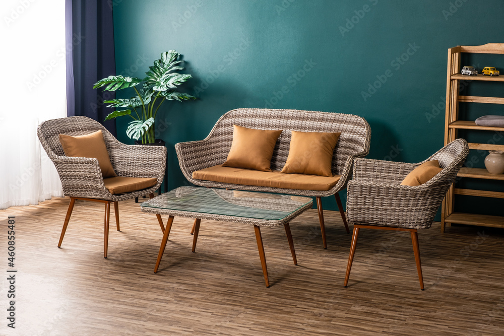Hand-woven table set with natural green room Hand-woven table set with natural green room