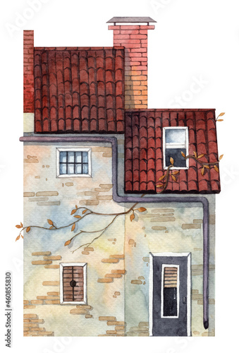 Watercolor hand painted old house facade with red tiled roof and brick chimney. Ivy vine with wilted leaves on the wall. Front view old cute house illustration for wall art and post cards