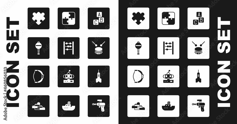 Set ABC blocks, Abacus, Rattle baby toy, Puzzle pieces, Drum with drum sticks, Dart arrow and Bow icon. Vector Set ABC blocks, Abacus, Rattle baby toy, Puzzle pieces, Drum with drum sticks, Dart arrow and Bow icon. Vector