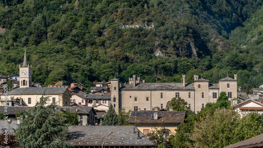 Panoramic view of the historic center of Issogne, Valle d'Aosta, Italy, where the castle is located