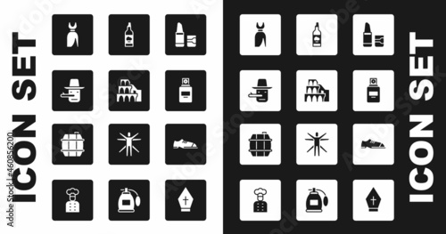 Set Lipstick, Coliseum in Rome, Pinocchio, Woman dress, Perfume, Bottle of olive oil, Men shoes and Barrel for wine icon. Vector