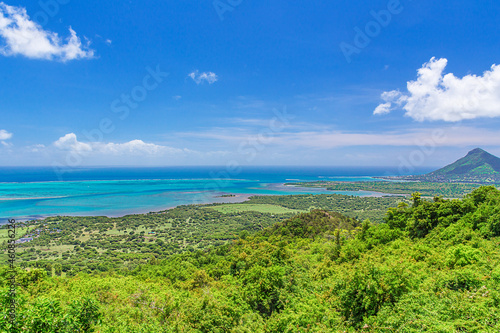 Beautiful views of the coastline and coral reef of Mauritius in the Indian Ocean.