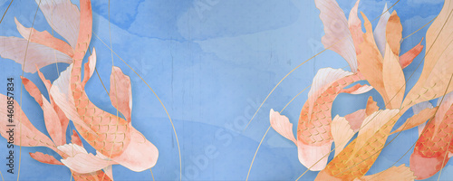 Goldfish banner in oriental style with watercolor textures for web and textile decoration