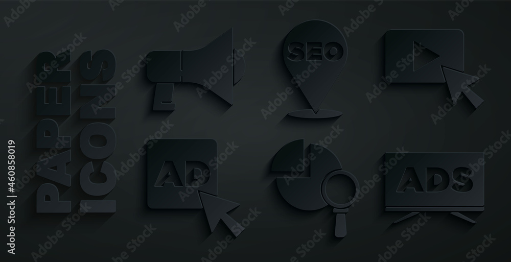 Set Magnifying glass and analysis, Advertising, SEO optimization and Megaphone icon. Vector