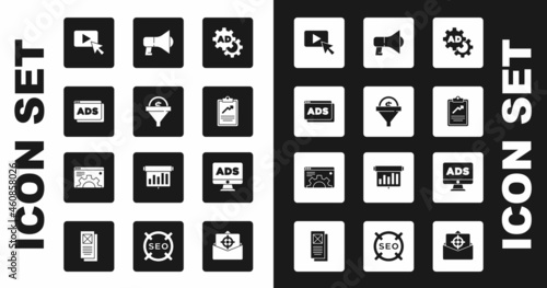Set Advertising, Lead management, Clipboard with graph chart, Megaphone, and Browser setting icon. Vector
