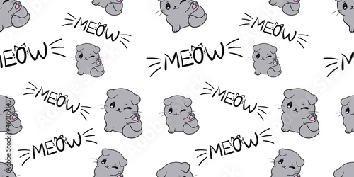 Vector Seamless Pattern, Cute Gray Cats and Meow Words on White, Background Template, Kittens Illustration.