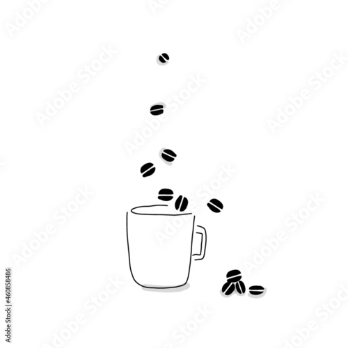 Coffee cup and beans vector drawing on white background. Simple line hand drawn illustration. 