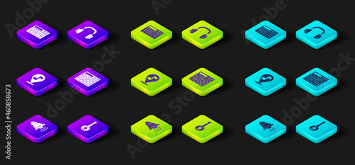 Set Speaker volume, Banjo, Location musical note, Drum machine, Headphones and Music synthesizer icon. Vector