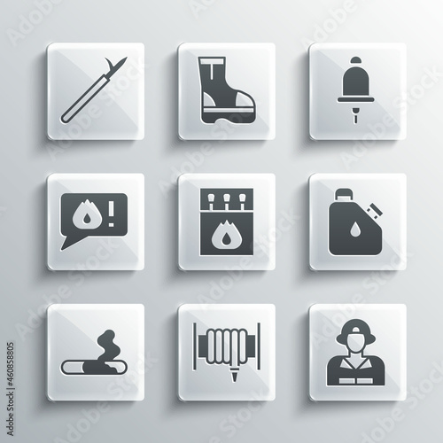 Set Fire hose reel, Firefighter, Canister fuel, Matchbox and matches, Cigarette, Telephone call 911, Metal pike pole and Ringing alarm bell icon. Vector