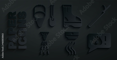 Set Smoke alarm system, Metal pike pole, Fire sprinkler, Telephone call 911, boots and shovel and bucket icon. Vector