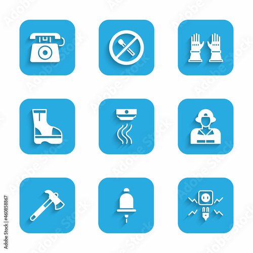 Set Smoke alarm system, Ringing bell, Electricity spark, Firefighter, axe, boots, gloves and Telephone call 911 icon. Vector