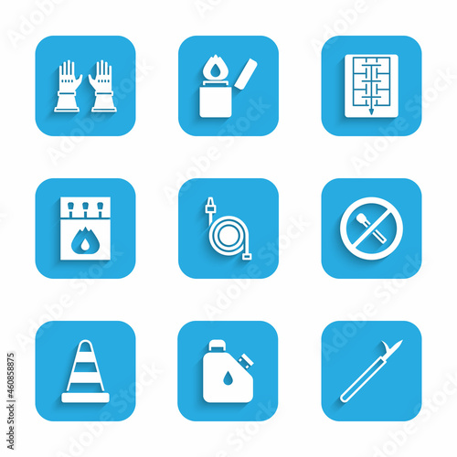 Set Fire hose reel, Canister fuel, Metal pike pole, No fire match, Traffic cone, Matchbox and matches, Evacuation plan and Firefighter gloves icon. Vector