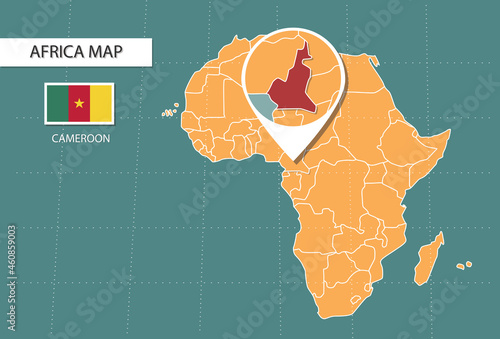 Cameroon map in Africa zoom version, icons showing Cameroon location and flags.