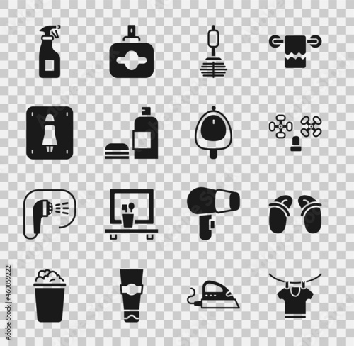 Set Drying clothes, Flip flops, Water tap, Toilet brush, Bottle of shampoo, Female toilet, Cleaning spray bottle and urinal or pissoir icon. Vector