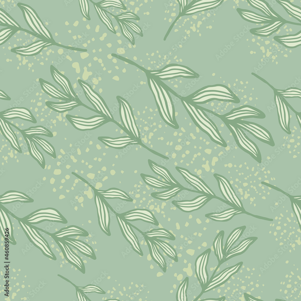 Forest branch with leaves seamless pattern on green splash background. Linear foliage backdrop Forest branch with leaves seamless pattern on green splash background. Linear foliage backdrop