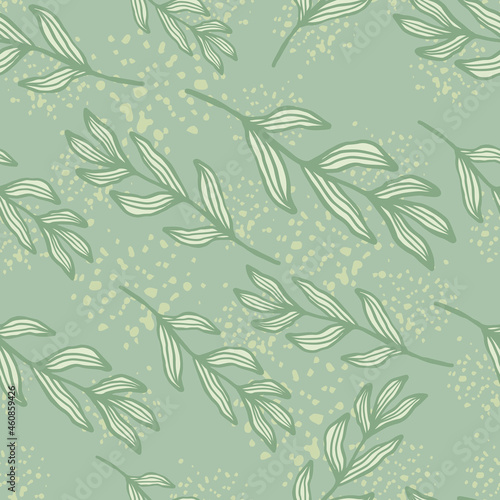 Forest branch with leaves seamless pattern on green splash background. Linear foliage backdrop