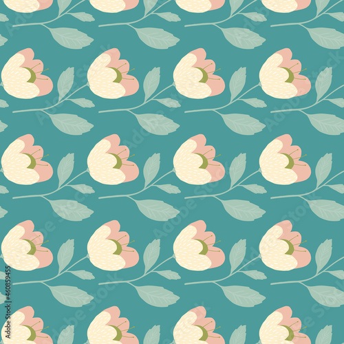 Gentle geometric flowers seamless pattern on green background.
