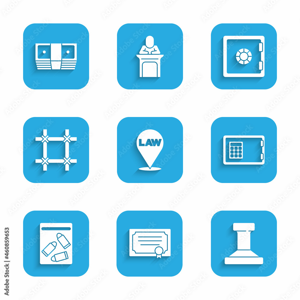 Set Location law, Certificate template, Stamp, Safe, Evidence bag and bullet, Prison window, and Bribe money cash icon. Vector Set Location law, Certificate template, Stamp, Safe, Evidence bag and bullet, Prison window, and Bribe money cash icon. Vector