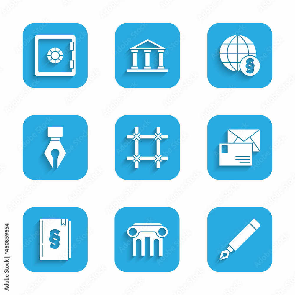 Set Prison window, Law pillar, Fountain pen nib, Envelope, book, International law and Safe icon. Vector