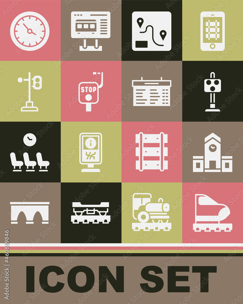 Set High-speed train, Railway station, Train traffic light, Route location, Emergency brake, clock and board icon. Vector Set High-speed train, Railway station, Train traffic light, Route location, Emergency brake, clock and board icon. Vector