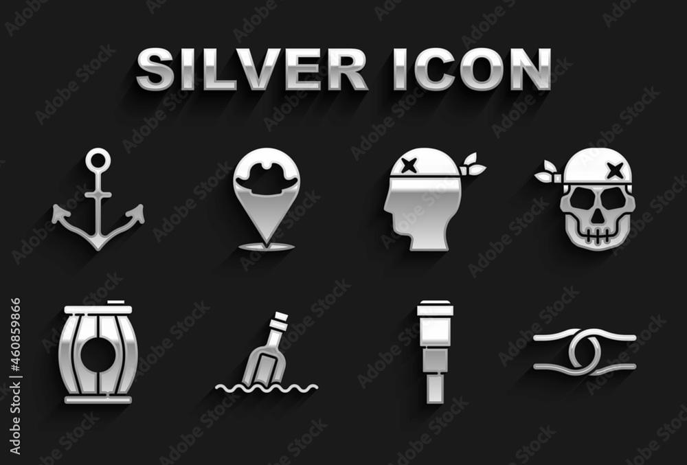 Set Bottle with message in water, Skull, Rope tied knot, Spyglass telescope lens, Gun powder barrel, Pirate captain, Anchor and Location pirate icon. Vector Set Bottle with message in water, Skull, Rope tied knot, Spyglass telescope lens, Gun powder barrel, Pirate captain, Anchor and Location pirate icon. Vector