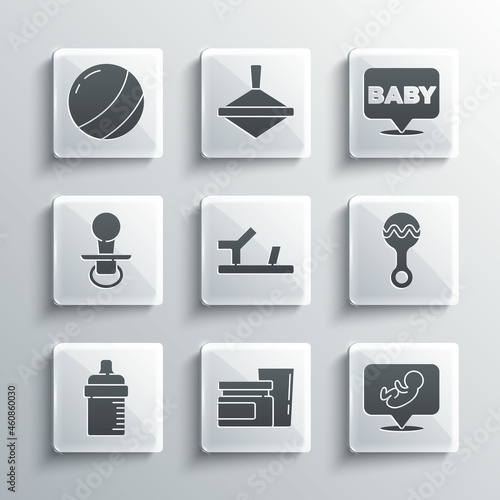 Set Baby food, Rattle baby toy, shoes, bottle, dummy pacifier, Beach ball and icon. Vector