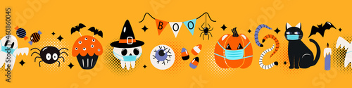 seamless pattern border for print and web. happy halloween with characters in medical masks from covid -19.