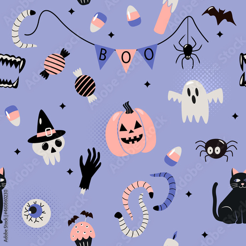 seamless pattern happy halloween with holiday symbols jack lamp, skull, black cat, worms, bat, candle, cupcake, ghost boo.