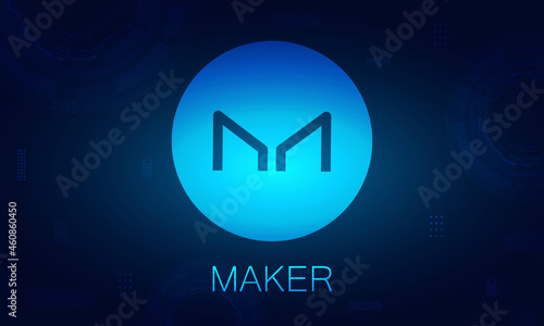 Maker token (MKR) crypto currency logo with blue background.Cryptocurrency symbol concept. 