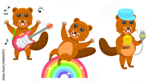 Set Abstract Collection Flat Cartoon  Different Animal Beavers Plays The Electric Guitar  Electrician Holding A Light Bulb  Rides A Rainbow Vector Design Style Elements Fauna Wildlife