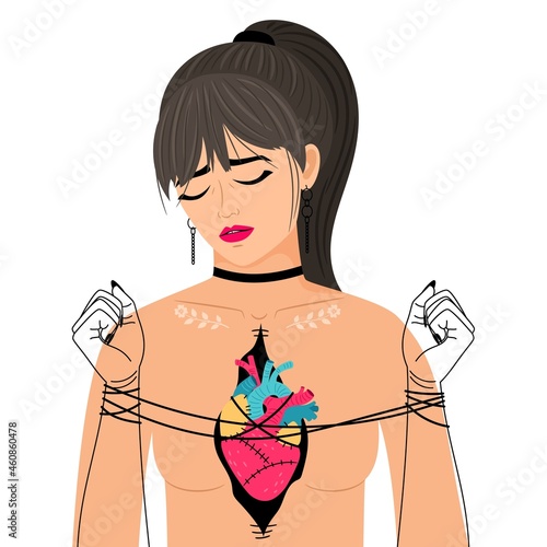 Girl heart pain concept. Woman breast pain vector illustration, breakup lover lonely female, painful relationships knitted arms bad feelings lady with crying face