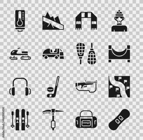Set Snowboard, Route location, Skate park, Winter scarf, Ice resurfacer, Snowmobile, Meteorology thermometer and Snowshoes icon. Vector