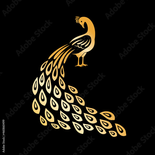 Gold peacock. Golden peafowl logo element, crystal feathers tail peecoock bird, indian decorative peacock isolated on black background