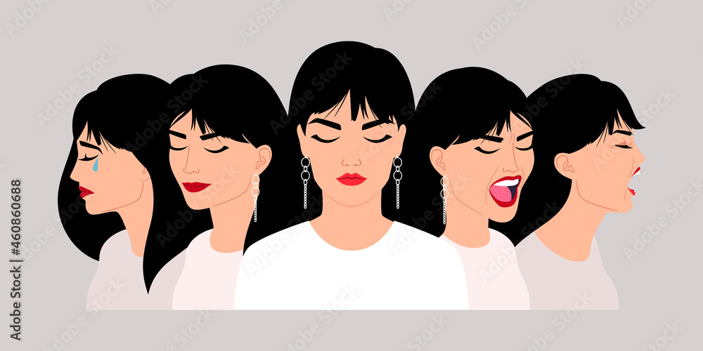 Caucasian woman emotions. Girls expressions profile image, lady angry shocked sad pleased screaming faces, women expreation feelings portrait vector illustration Caucasian woman emotions. Girls expressions profile image, lady angry shocked sad pleased screaming faces, women expreation feelings portrait vector illustration