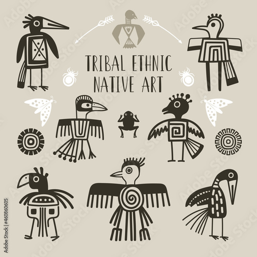 Tribal ethnic birds. Indigenous native engraved bird set, eagle raven tukan phoenix parrot, maori polynesian design wings tattoo occult animals vectors
