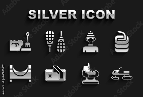 Set Ice hockey goal, Stone for curling, Snowmobile, Skates, park, Winter athlete, Shovel snowdrift and Snowshoes icon. Vector