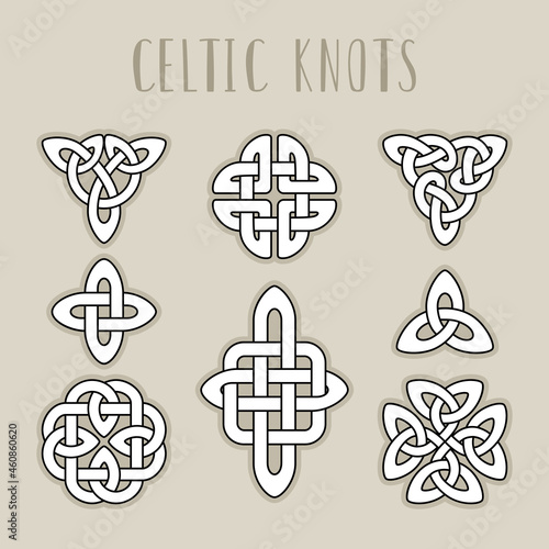 Scottish medieval symbols. Scotland celtic knot spiral signes, traditional celt braid patterns, irish endlessness signs vector ornaments, buddhist infinity elements