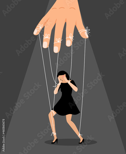 Woman puppet doll. Master puppeteer with girl toy on ropes, women relationships manipulation vector concept, business hand controling and manipulating, marionette in black dress