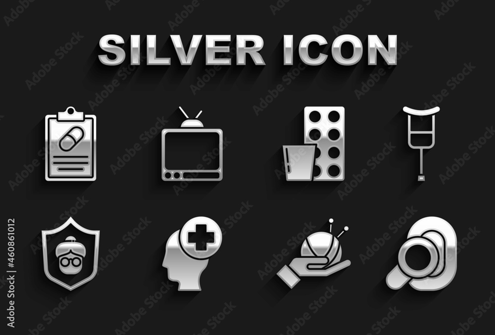 Set Male head with hospital, Crutch or crutches, Hearing aid, Yarn ball knitting needles, Grandmother, Pills blister pack, Medical prescription and Retro tv icon. Vector Set Male head with hospital, Crutch or crutches, Hearing aid, Yarn ball knitting needles, Grandmother, Pills blister pack, Medical prescription and Retro tv icon. Vector