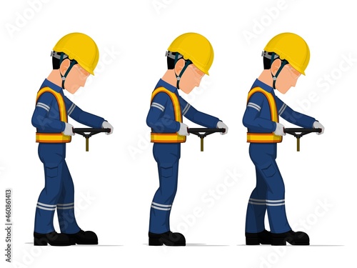 set of worker is holding hand wheel on white background