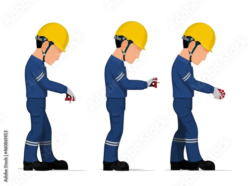 set of industrial worker with valve handle on white background