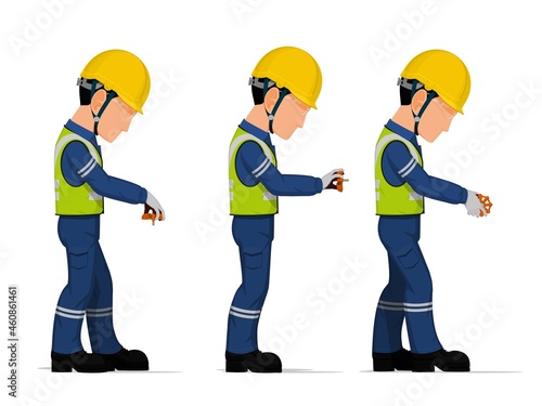 set of industrial worker with valve handle on white background