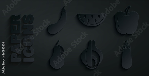 Set Onion, Apple, Pear, Eggplant, Watermelon and icon. Vector